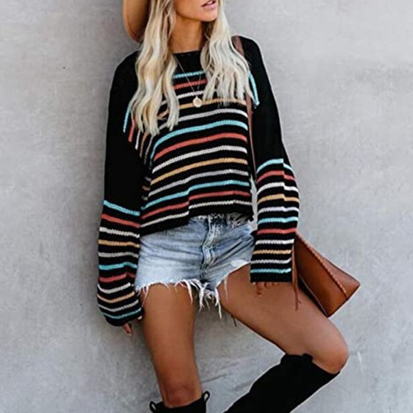 Rainbow Striped Black Sweater - Picture 1 of 8